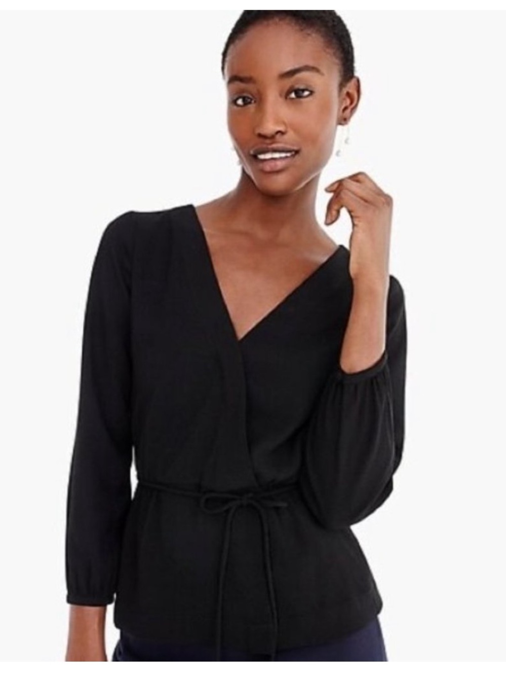 J.Crew Drapey Crepe Faux Wrap Top Blouse Black Size 8 Tailored Elegant Office